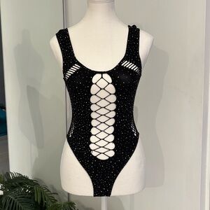 Black Glitter Studded Rhinestone Bodysuit
